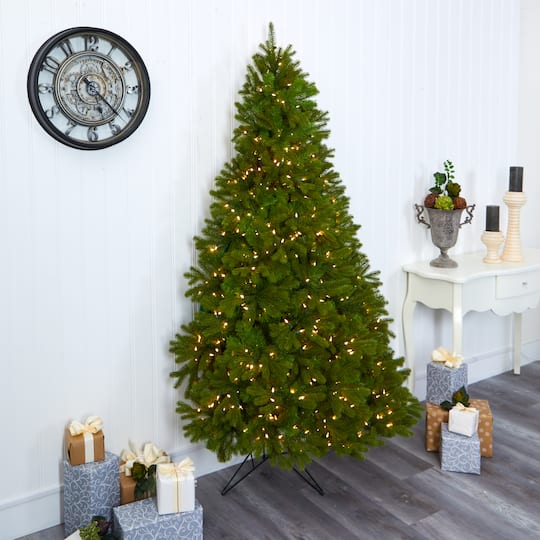 7ft. Pre-Lit Cambridge Spruce Flat Back Artificial Christmas Tree with Warm White Multifunction LED Lights